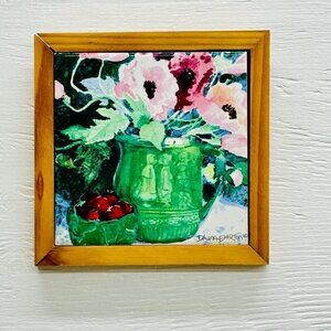 Dawna Barton 1992 Vandor Wooden Framed Art Tile Watercolor Floral Planter Jug